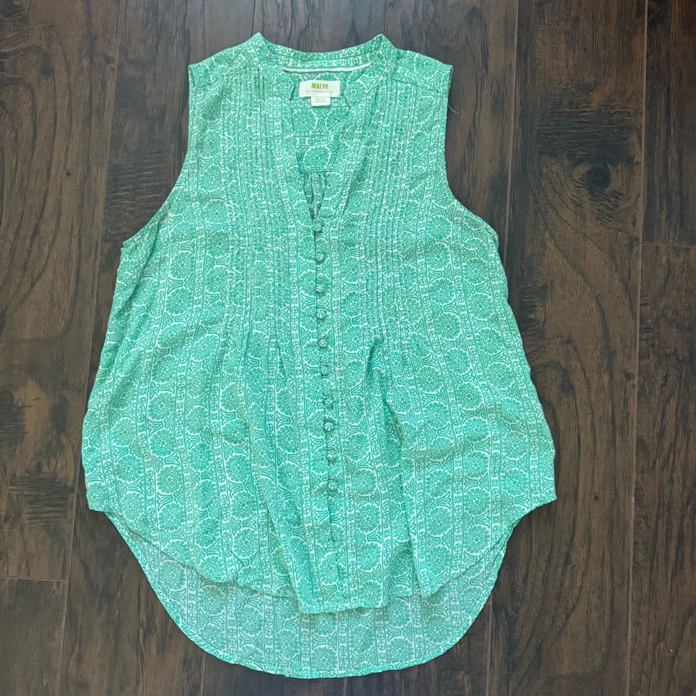Maeve by Anthropologie Small Green and White Petunia Pintuck Blouse